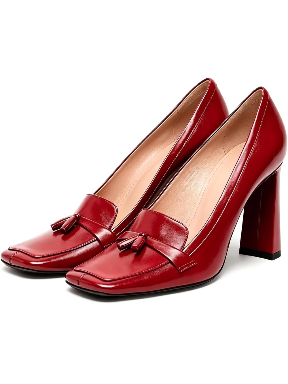 Square Toe Tassel Loafers Chunky Block Heel Pumps Vintage Business Dress Shoes